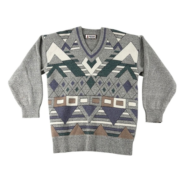 GELIFAN Other - Vintage Gelifan France Sweater Mens S Gray V Neck Long Sleeve Knit Geometric